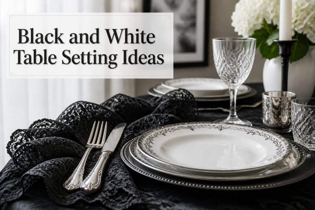 Elegant black and white table setting with layered textures and decorative elements.