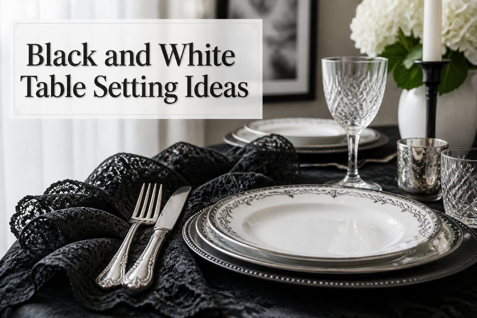 Elegant black and white table setting with layered textures and decorative elements.