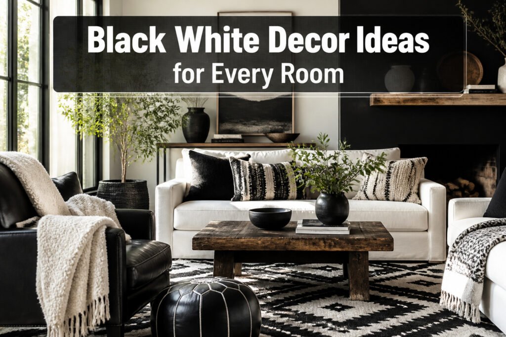 A black and white room featuring various decor elements and textures.