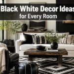 A black and white room featuring various decor elements and textures.