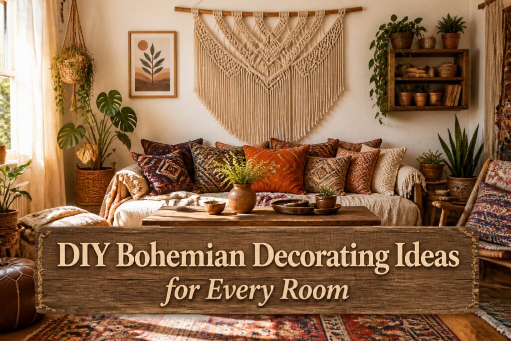 A living room filled with bohemian decor, showcasing DIY projects.