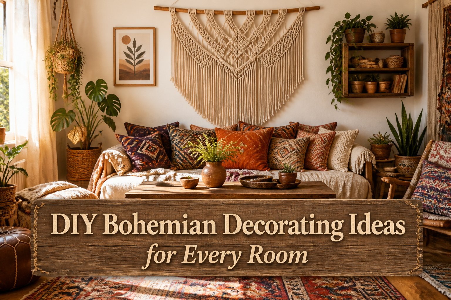 A living room filled with bohemian decor, showcasing DIY projects.