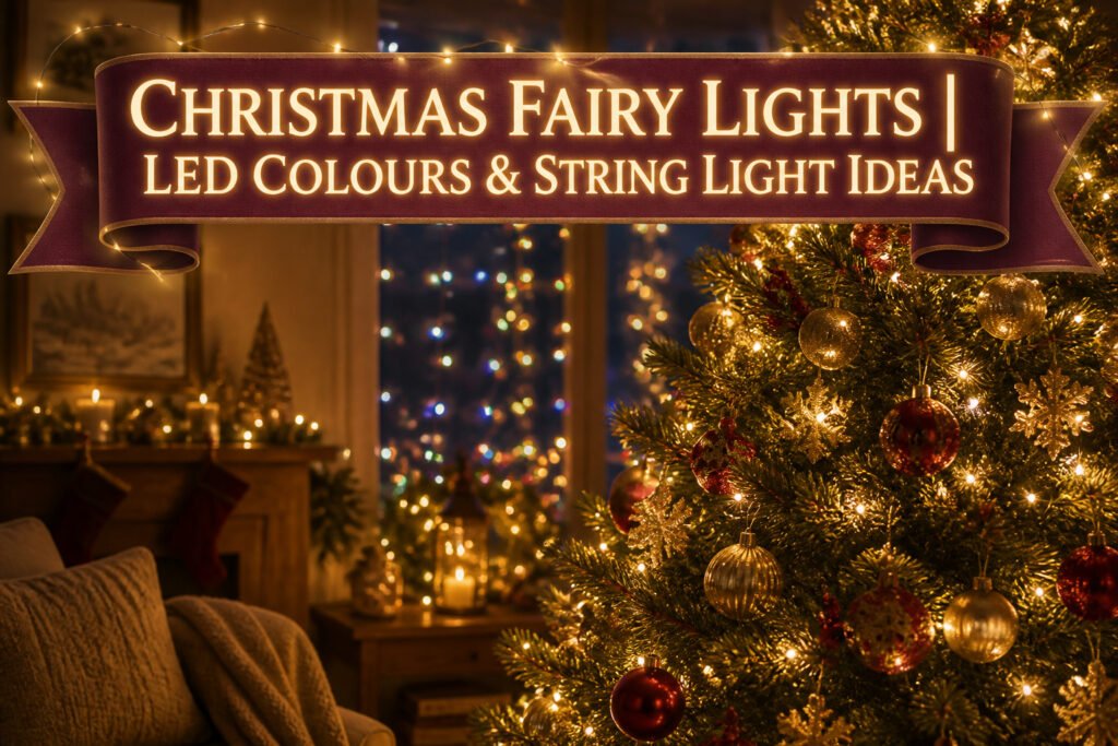 A festive display with various colors of fairy lights and holiday decor.