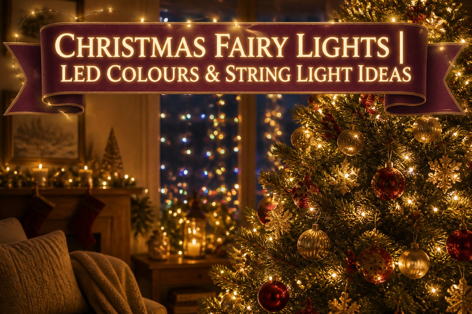 A festive display with various colors of fairy lights and holiday decor.