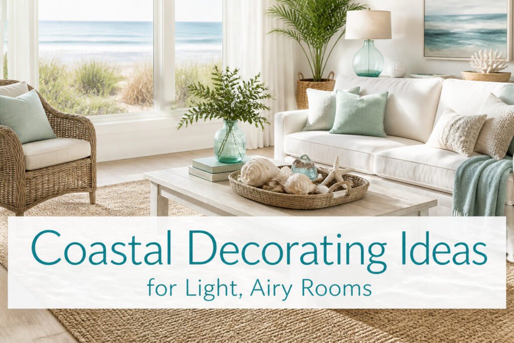 A beautifully decorated coastal living room with light colors and natural textures.