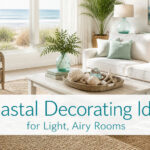 A beautifully decorated coastal living room with light colors and natural textures.