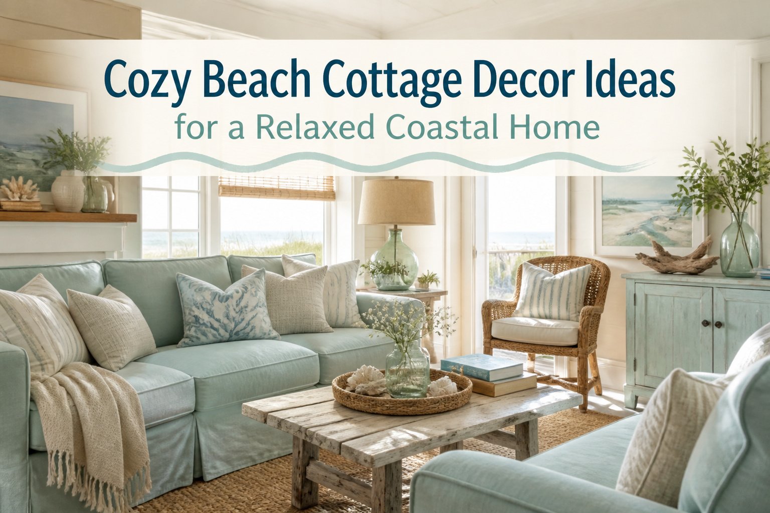 A beach cottage interior with soft colors and inviting decor.