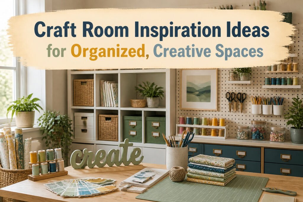 An organized craft room with colorful supplies and a cozy atmosphere.