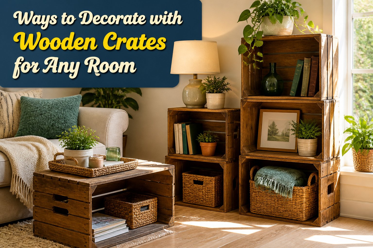 A collection of wooden crates used for various decorative purposes.