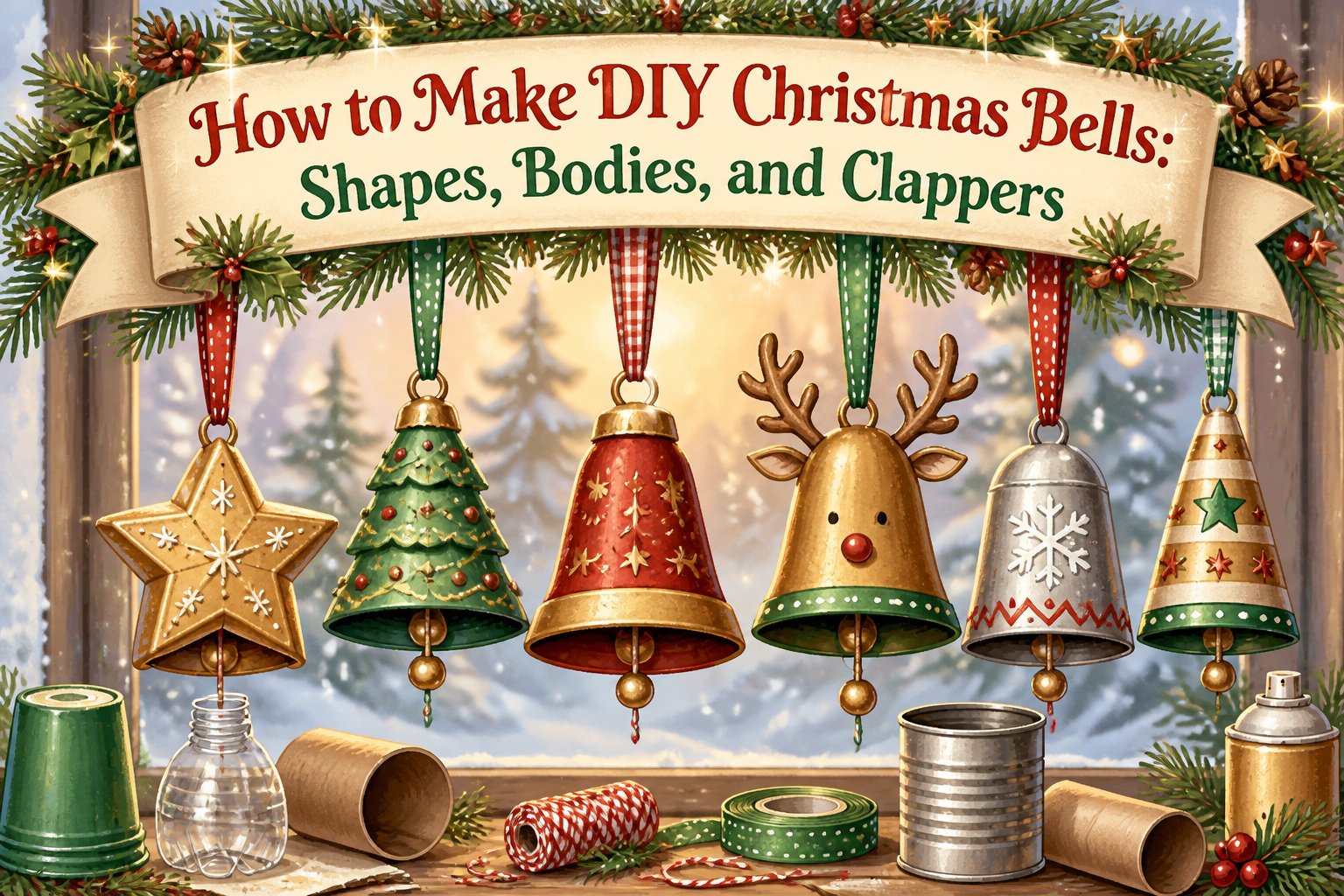 A collection of DIY Christmas bells made from plastic cups, paper, and clay pots.