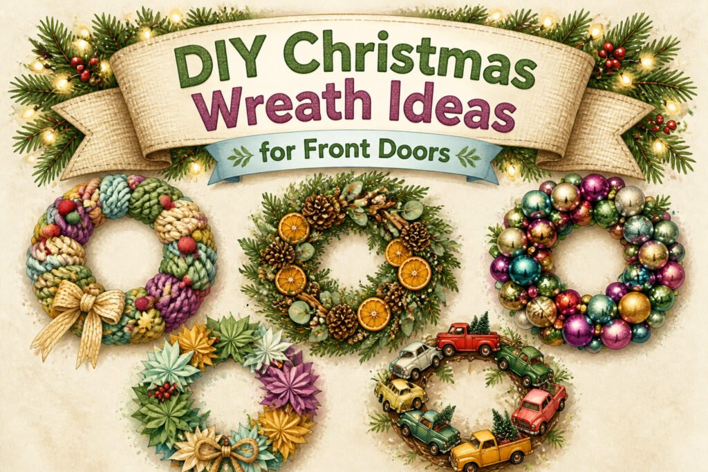 Colorful and creative DIY Christmas wreaths displayed together.
