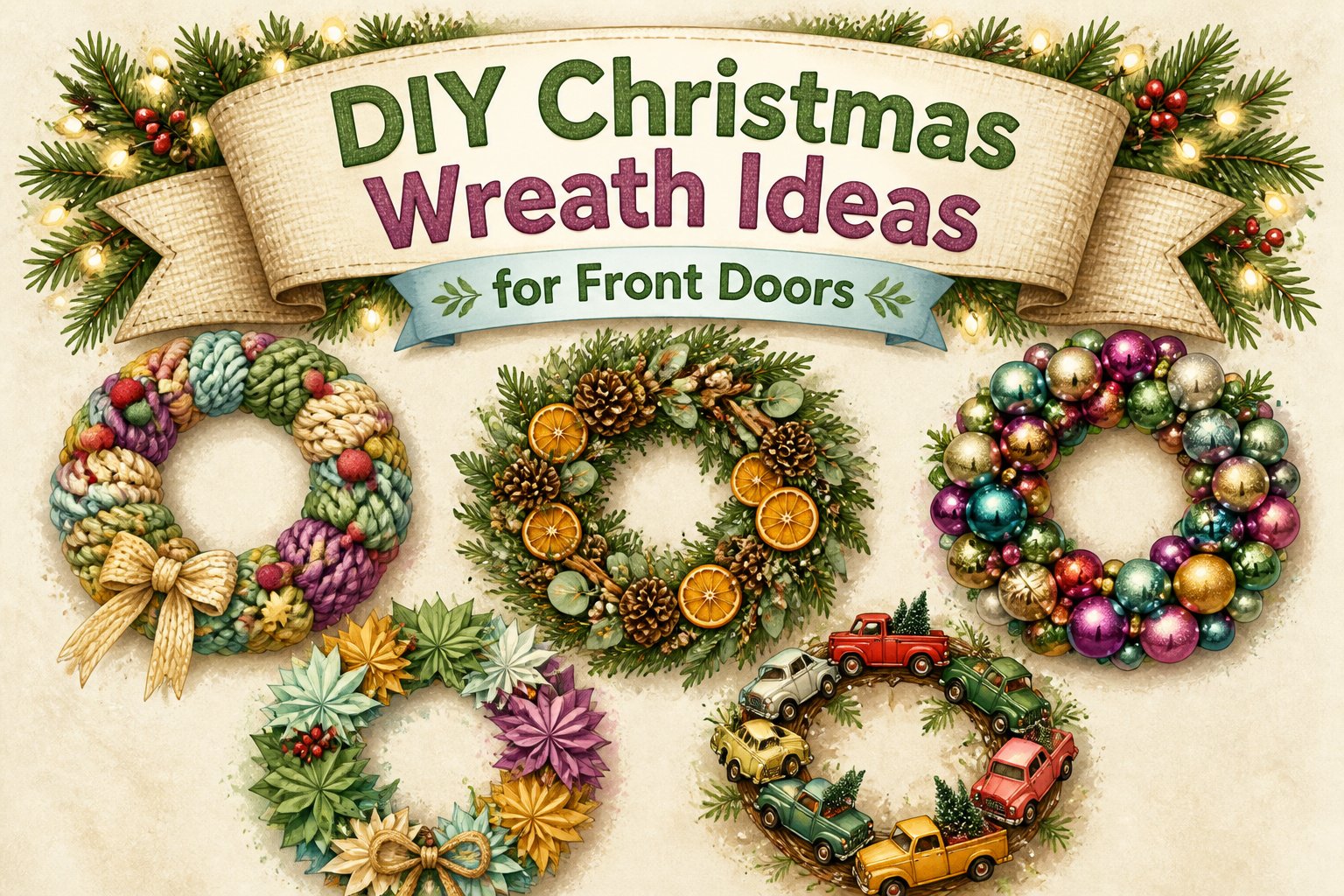 Colorful and creative DIY Christmas wreaths displayed together.