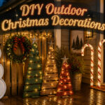 Various DIY outdoor Christmas decorations displayed in a yard.