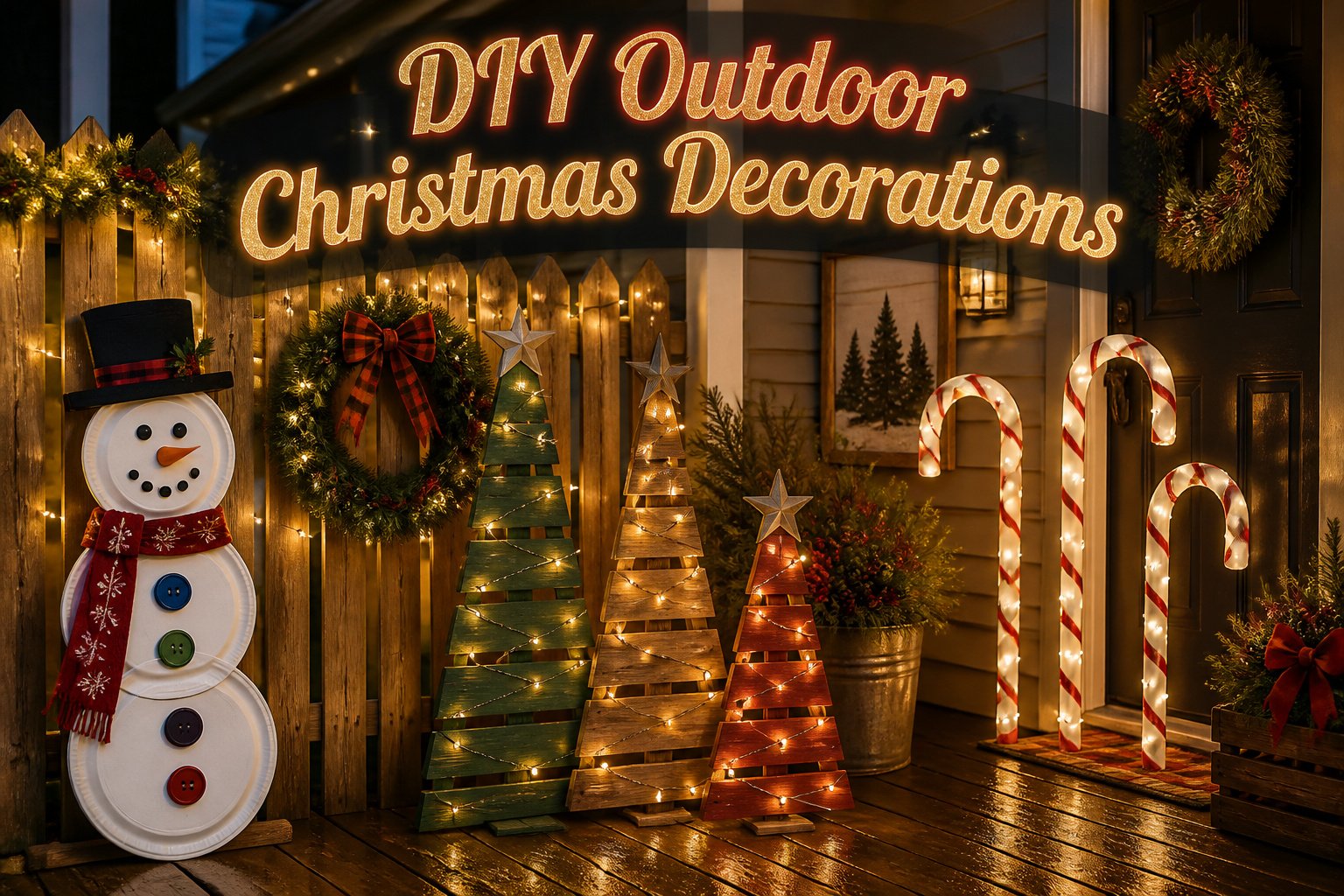 Various DIY outdoor Christmas decorations displayed in a yard.