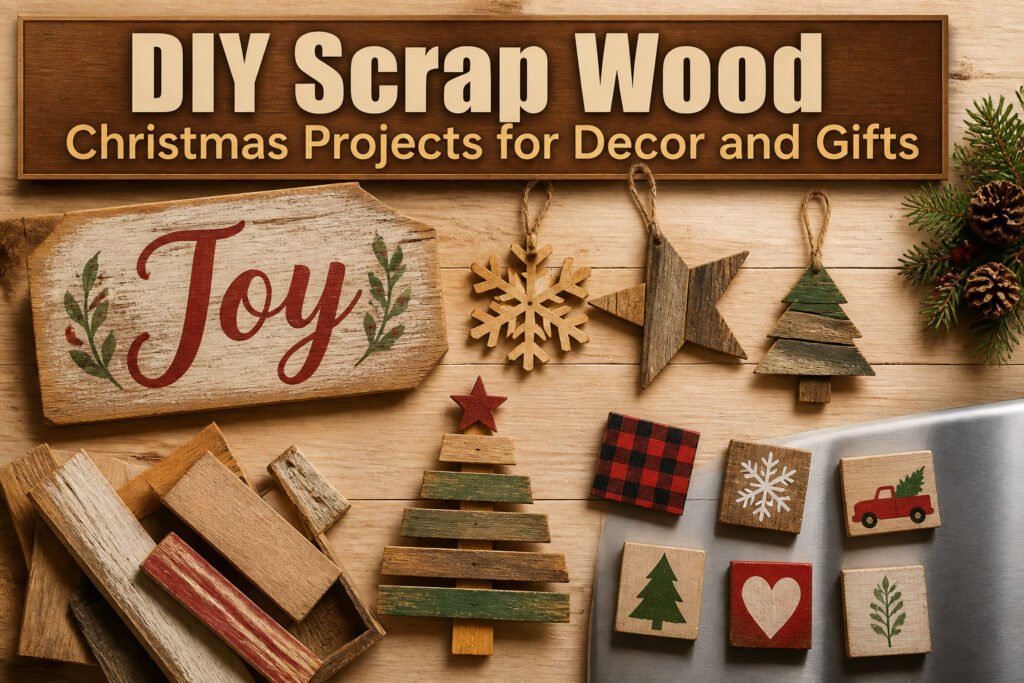 Various DIY scrap wood Christmas projects displayed together.