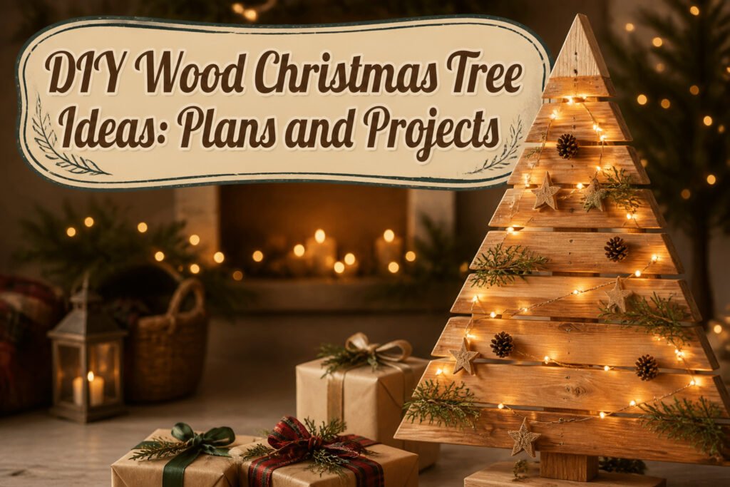 Various wooden Christmas tree designs displayed in a festive setting.