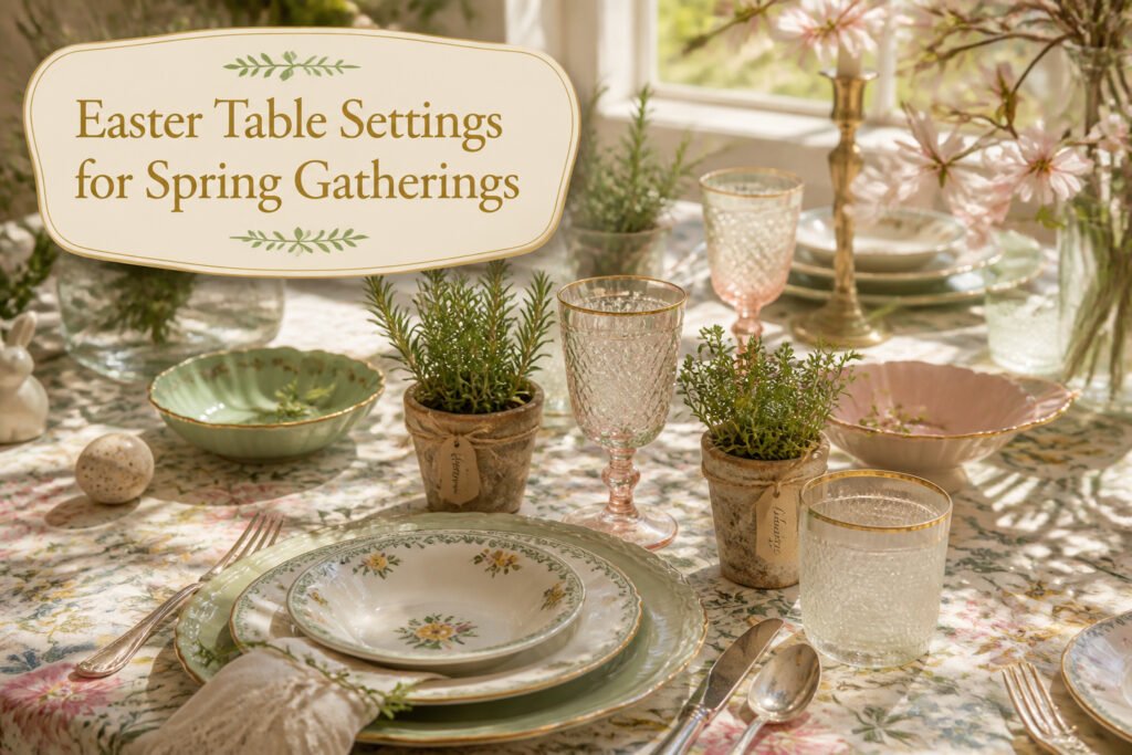 Easter table setting with pastel colors, floral arrangements, and decorative elements.