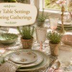 Easter table setting with pastel colors, floral arrangements, and decorative elements.