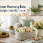 Spring centerpiece featuring natural elements like flowers and eggs in a vase.