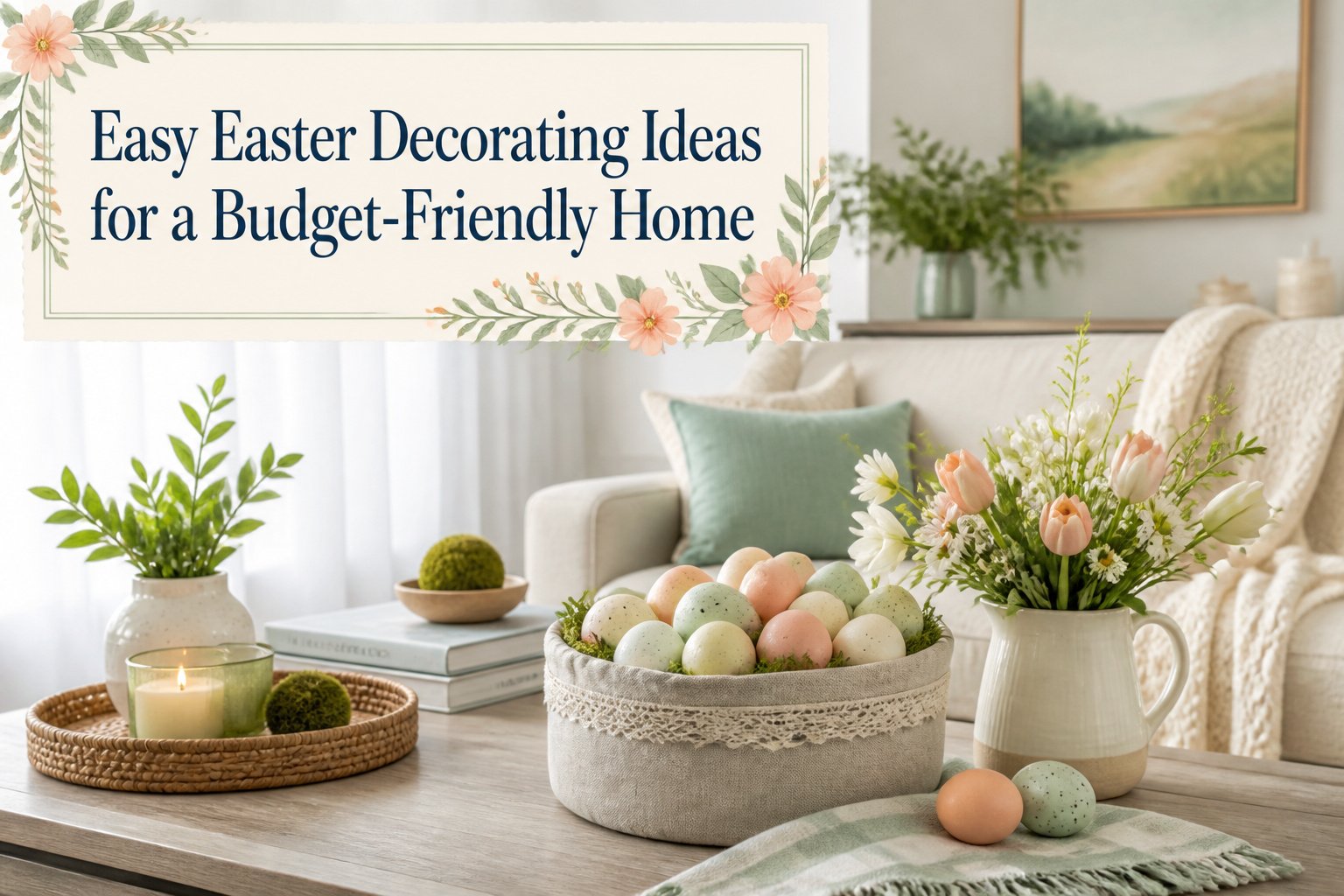 Spring centerpiece featuring natural elements like flowers and eggs in a vase.