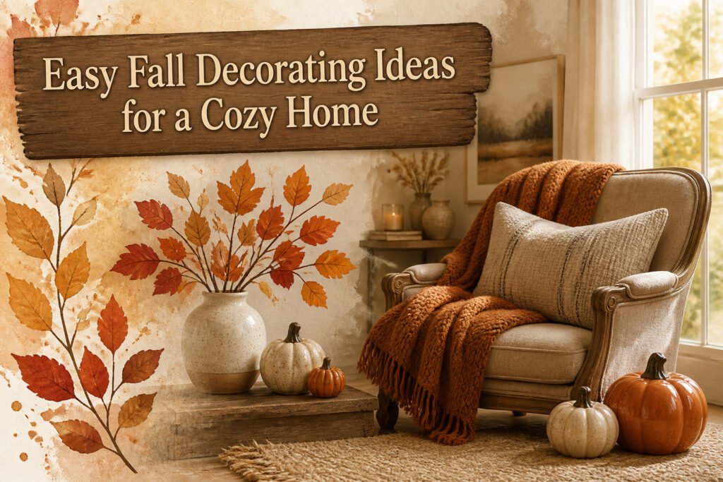 A cozy home with fall decorations including pumpkins, candles, and foliage.