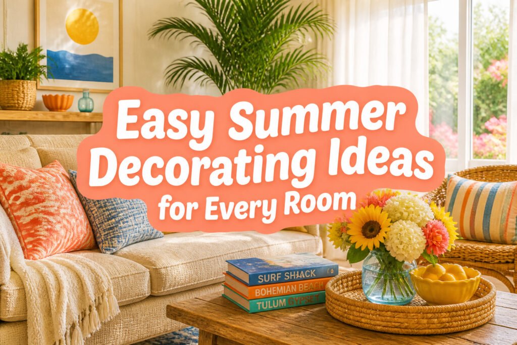A collage of various summer decorating ideas for home interiors.