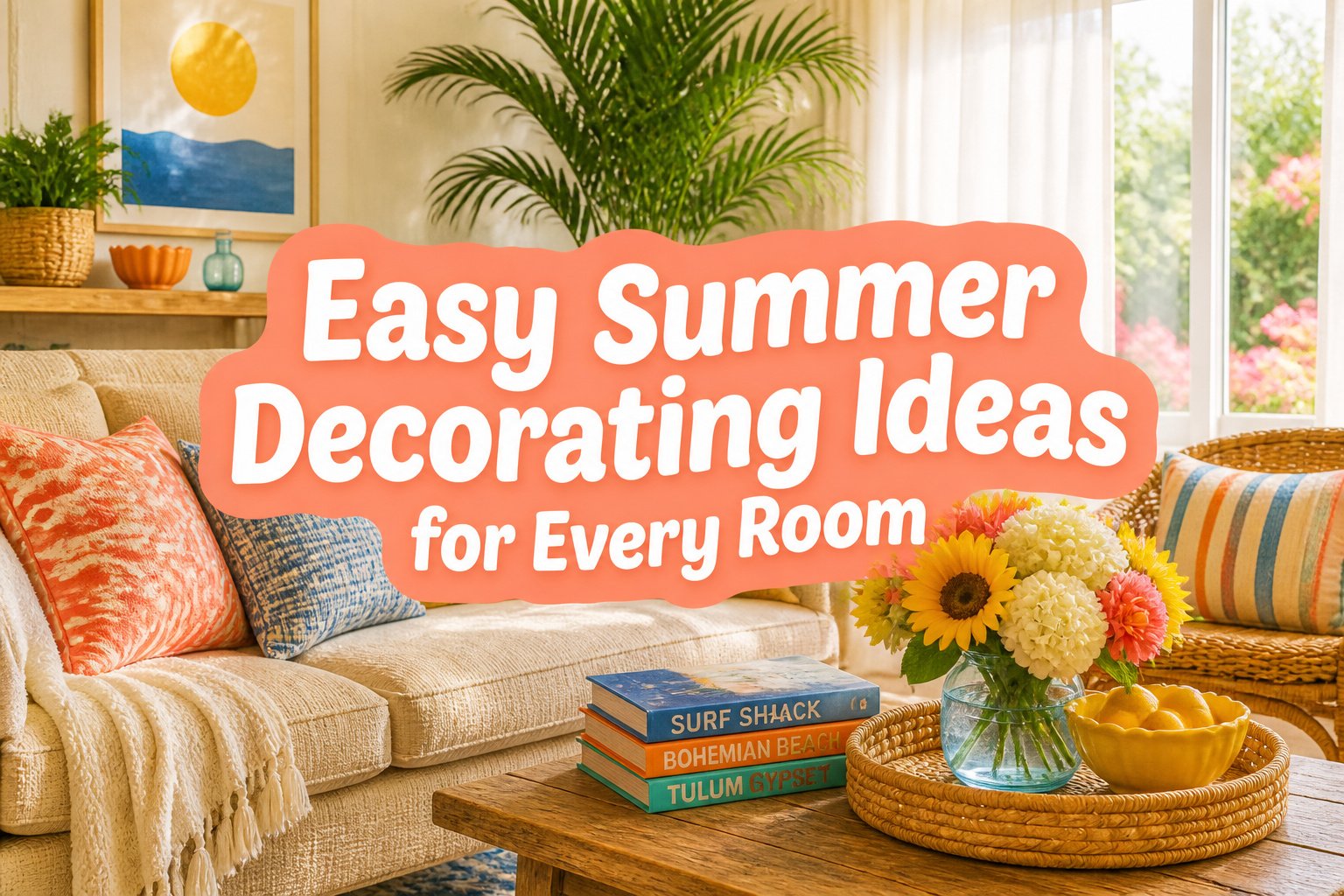 A collage of various summer decorating ideas for home interiors.