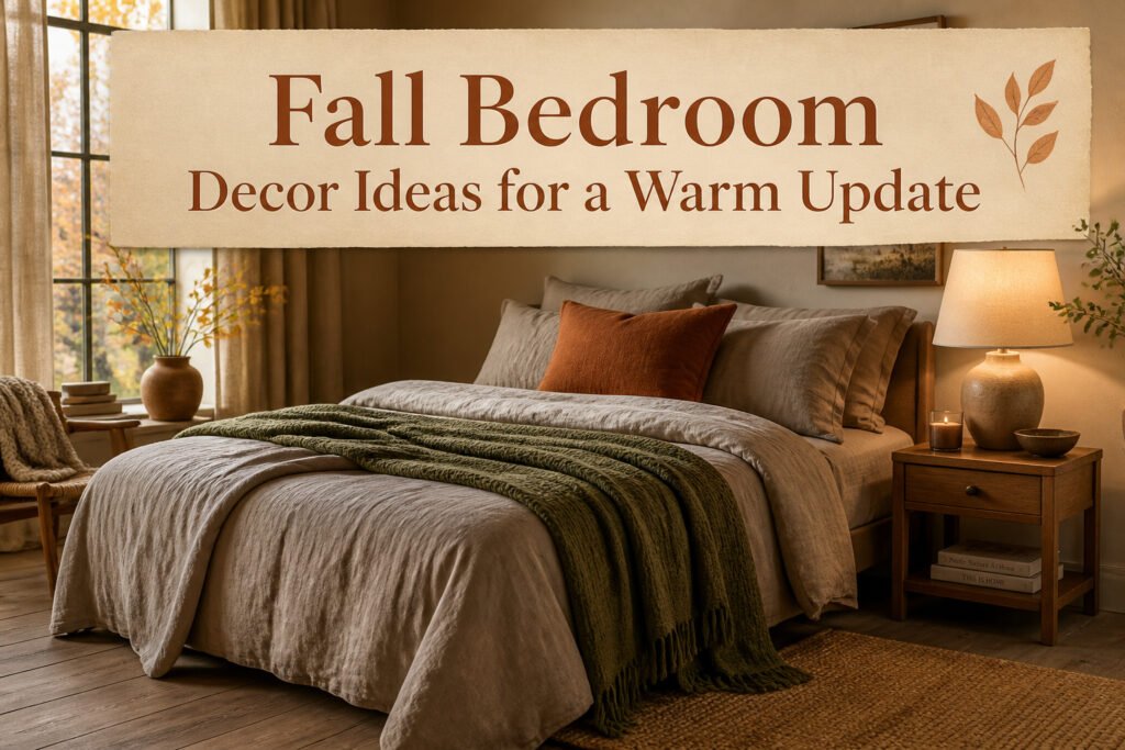 A fall bedroom with layered bedding in warm colors and textures.