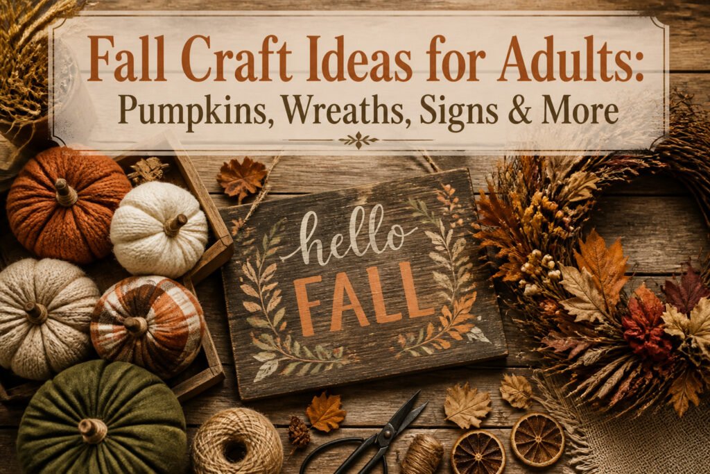 Various fall crafts displayed, featuring pumpkins, wreaths, and decorative signs.