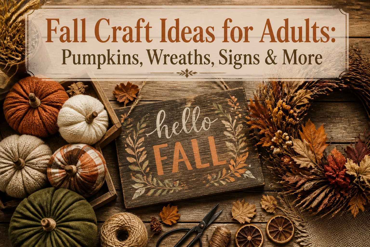 Various fall crafts displayed, featuring pumpkins, wreaths, and decorative signs.