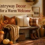 A fall entryway with decorations, including pumpkins, leaves, and textiles.