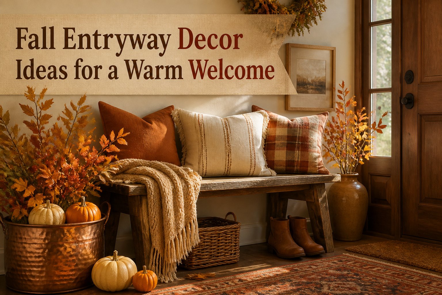 A fall entryway with decorations, including pumpkins, leaves, and textiles.