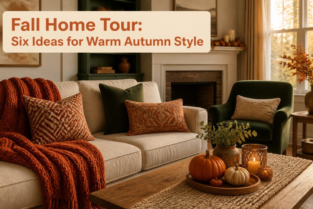 A cozy living room decorated for fall with warm colors and pumpkins.