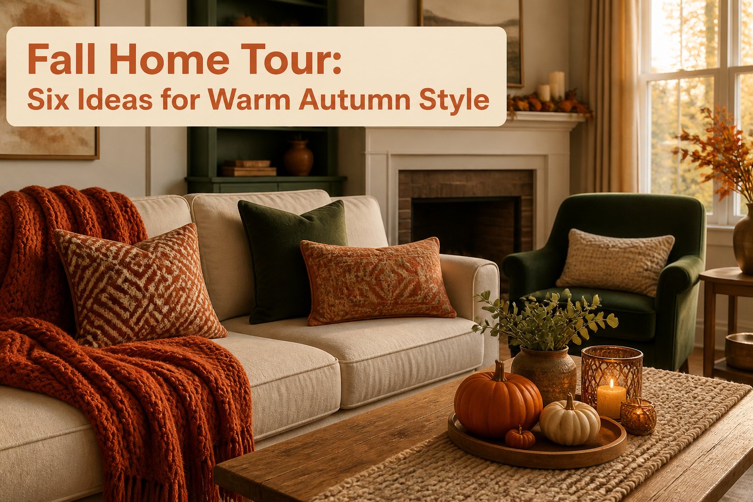 A cozy living room decorated for fall with warm colors and pumpkins.
