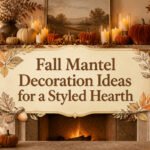 A collection of fall mantel decorations, including pumpkins and candles.