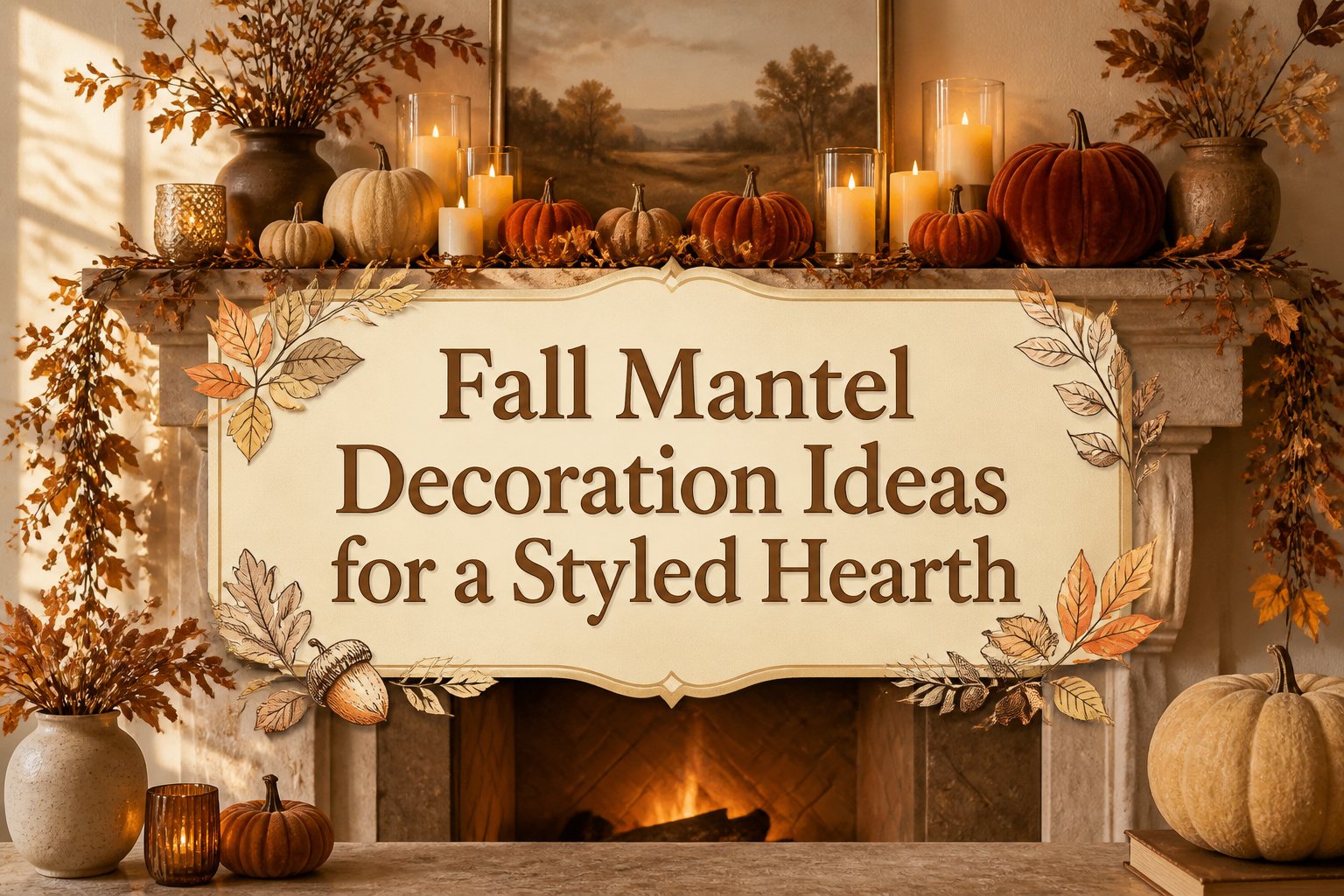 A collection of fall mantel decorations, including pumpkins and candles.