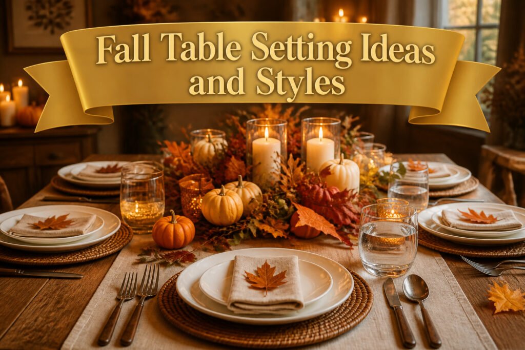Fall table setting with muted earth tones, pumpkins, and flowers.
