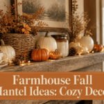 Farmhouse mantel decorated with pumpkins, candles, and dried leaves.