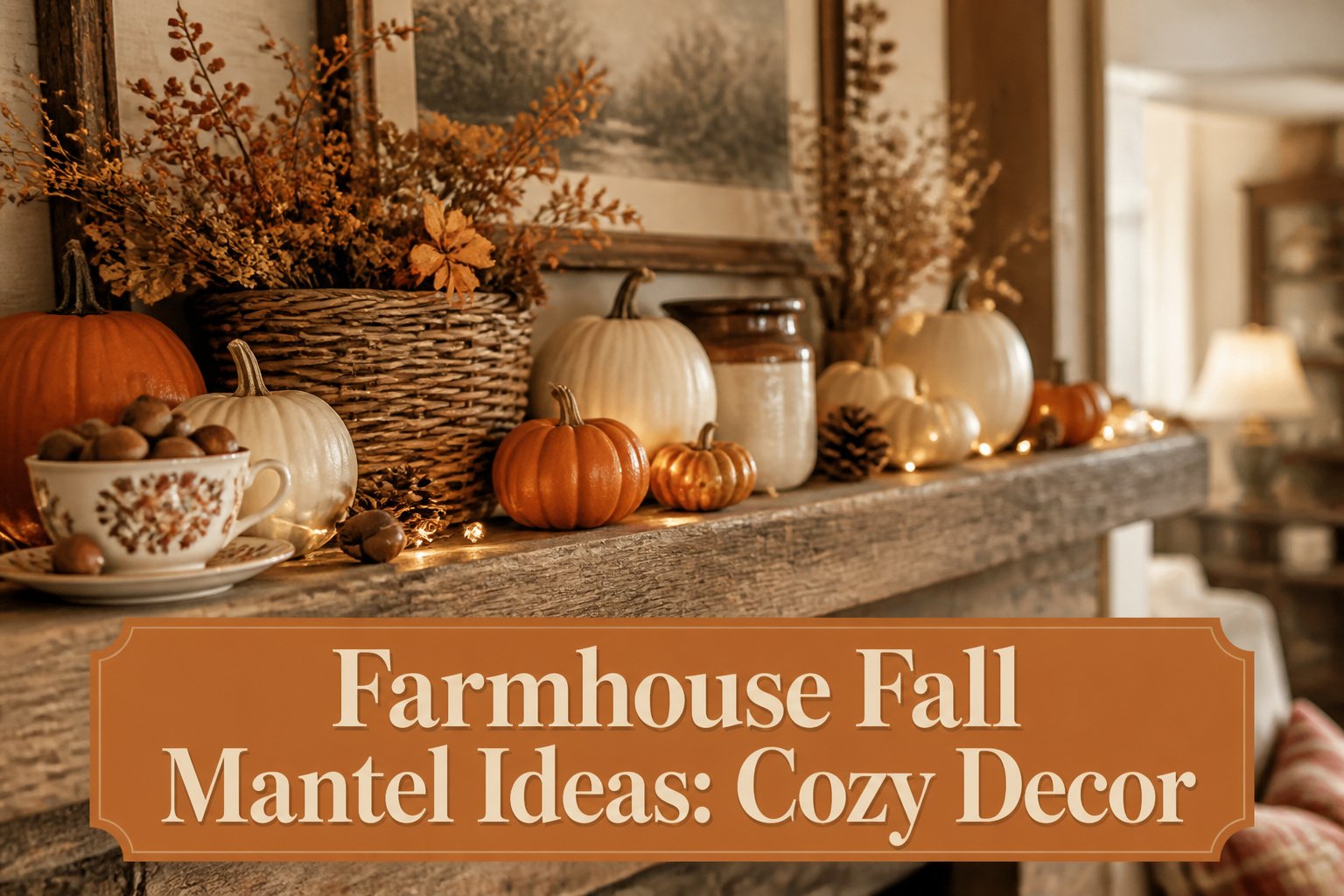 Farmhouse mantel decorated with pumpkins, candles, and dried leaves.