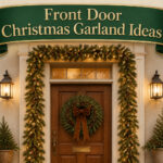 Front door adorned with various Christmas garlands and lights.