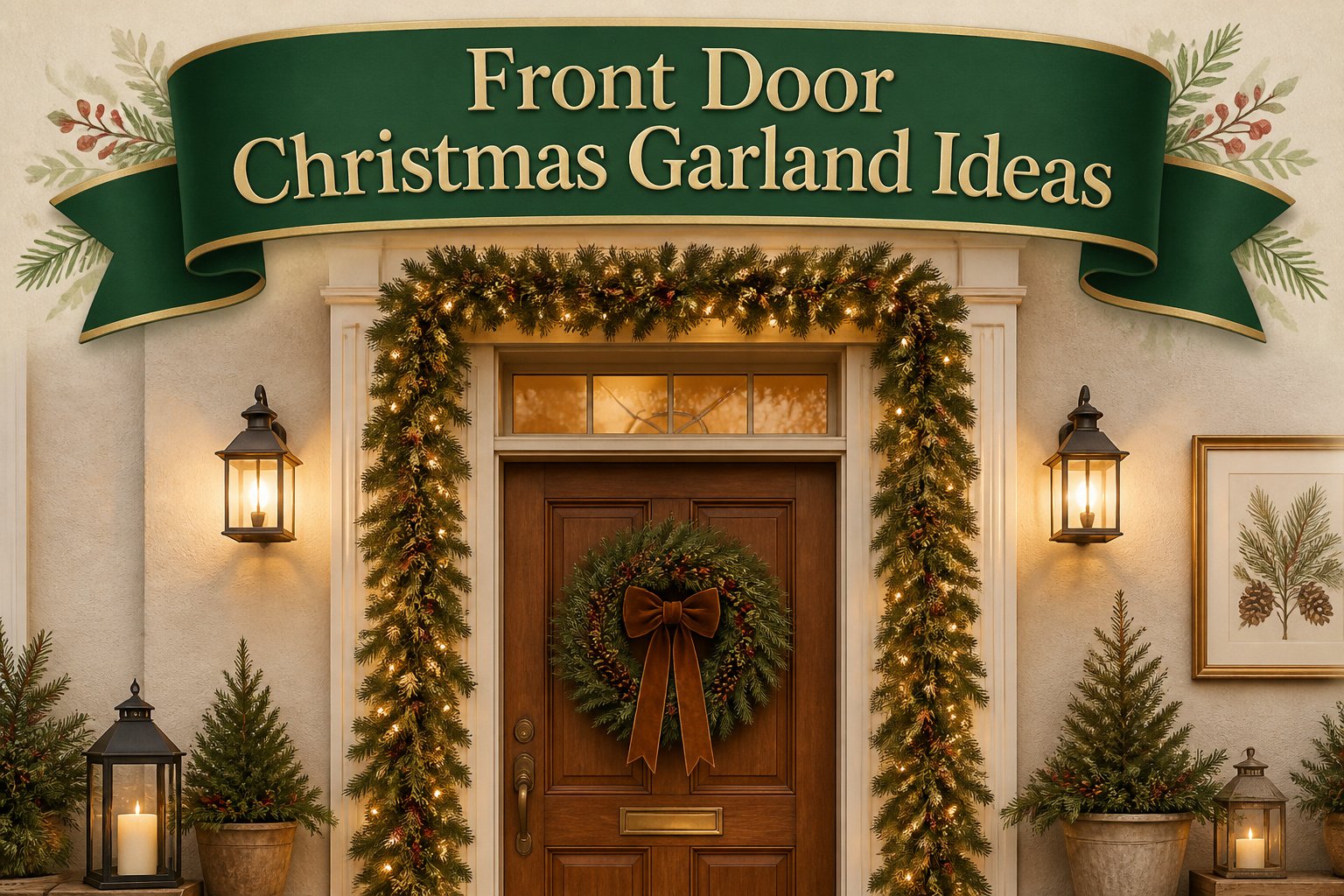 Front door adorned with various Christmas garlands and lights.