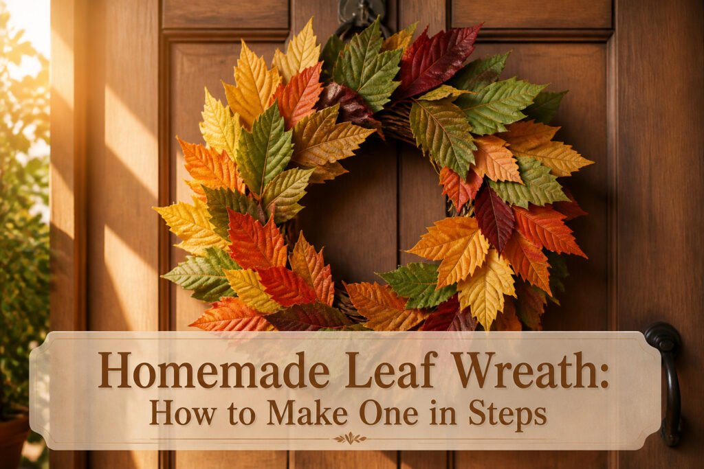 A colorful leaf wreath made from faux leaves and accents.