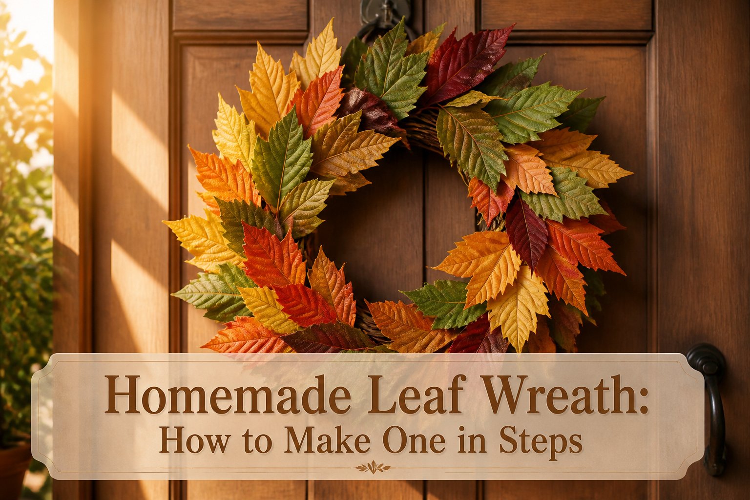 A colorful leaf wreath made from faux leaves and accents.