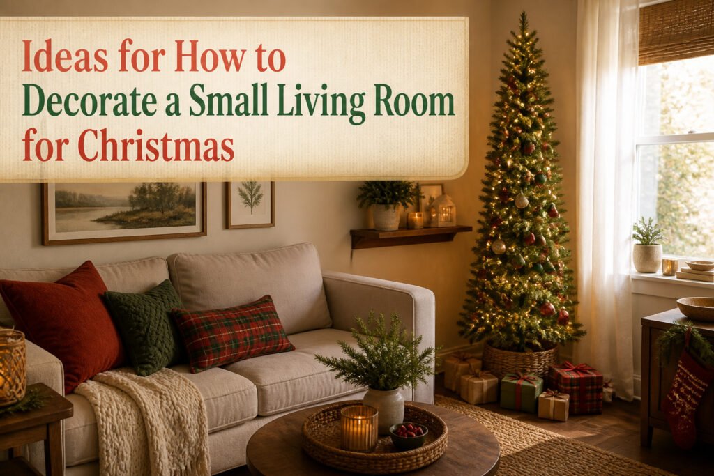 Small living room decorated for Christmas with a Christmas tree and ornaments.