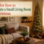 Small living room decorated for Christmas with a Christmas tree and ornaments.