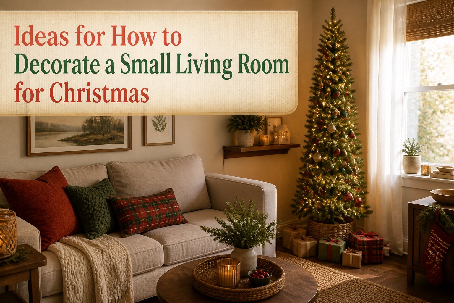 Small living room decorated for Christmas with a Christmas tree and ornaments.