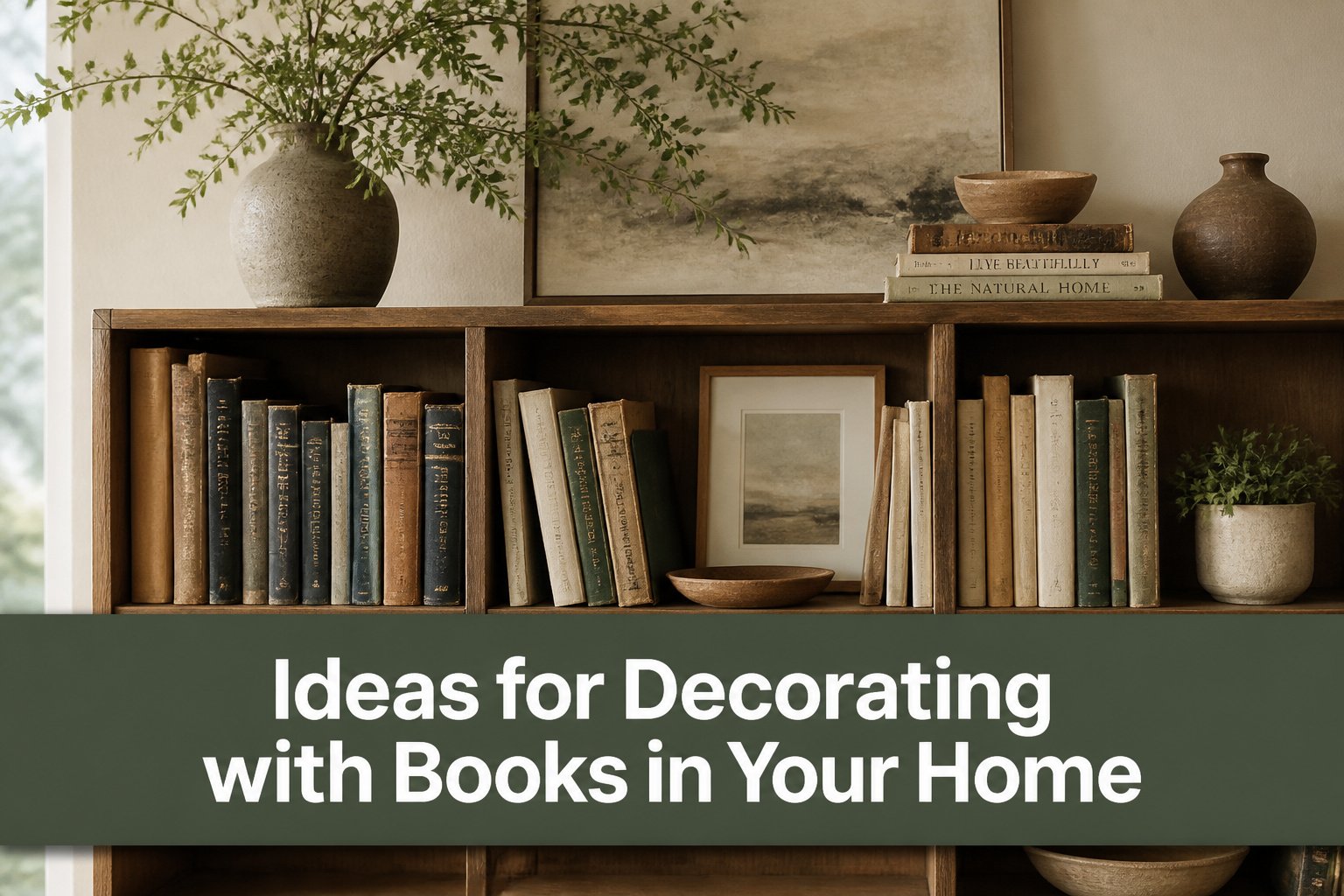 A reading nook with books, a chair, and decorative items.