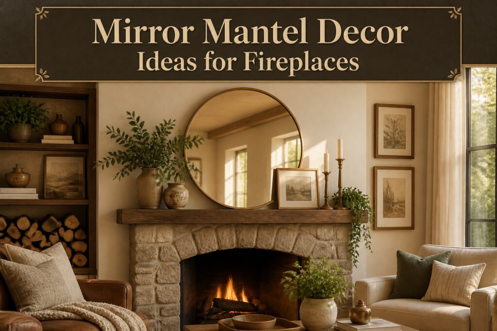A collection of different mirror styles above a fireplace mantel.