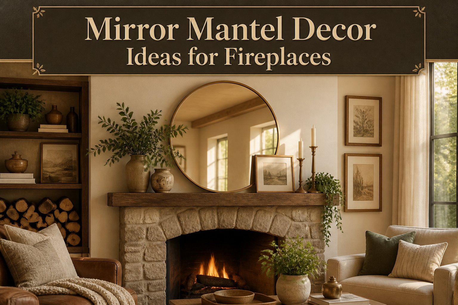 A collection of different mirror styles above a fireplace mantel.