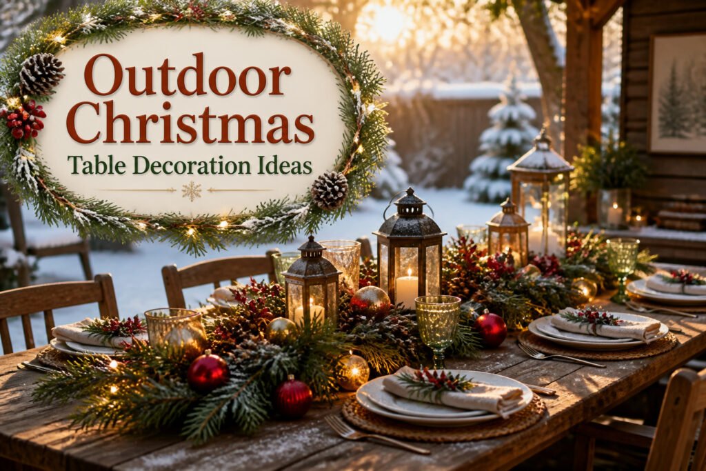 A decorated outdoor Christmas table with greenery and festive decorations.